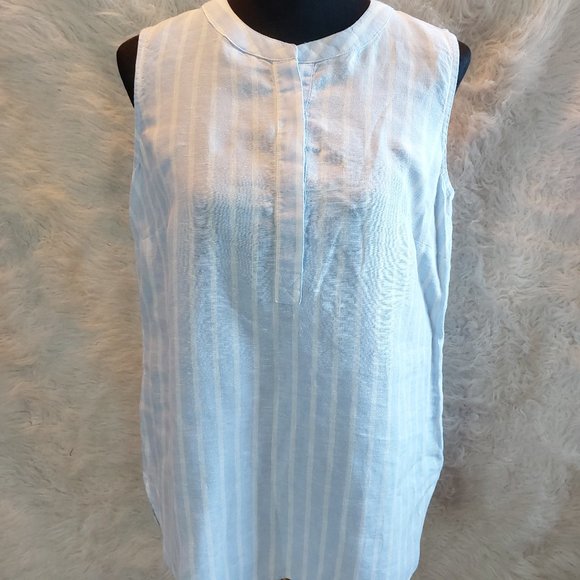 Ellen Tracy Linen Women's Light Blue Striped Sleeveless Blouse Top Siz M - Picture 1 of 7